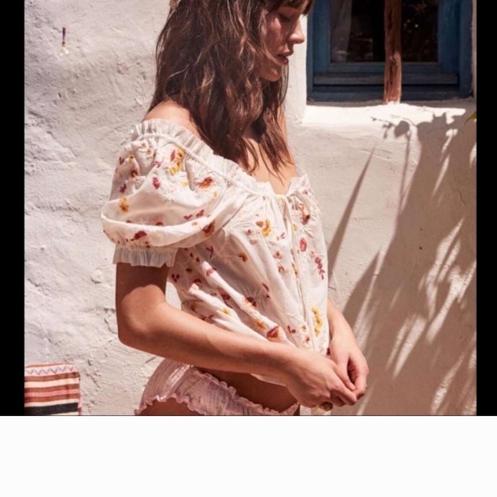 Sezane Cream Floral Off-Shoulder Blouse